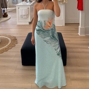 Kivari halter Maxi Dress in Aqua with Tropical Print
